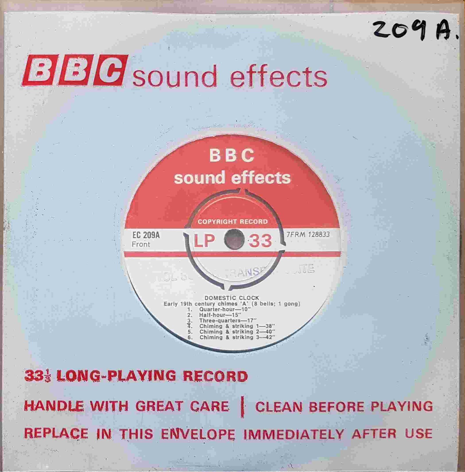 Picture of EC 209A Domestic clock - Early 19th century chimes 'A' (8 bells; 1 gong) by artist Not registered from the BBC records and Tapes library